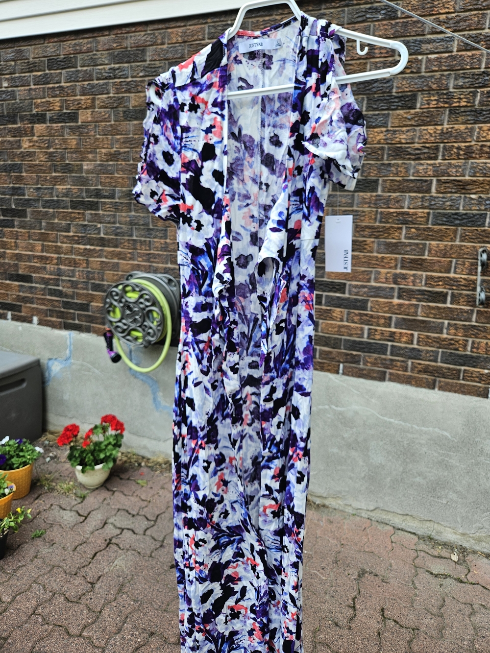Dynamite Purple, White & Black Floral Maxi Dress with Coral Accents